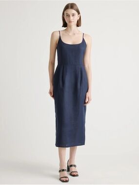 Quince 100% European Linen Scoop Neck Midi Dress - Deep Navy XS